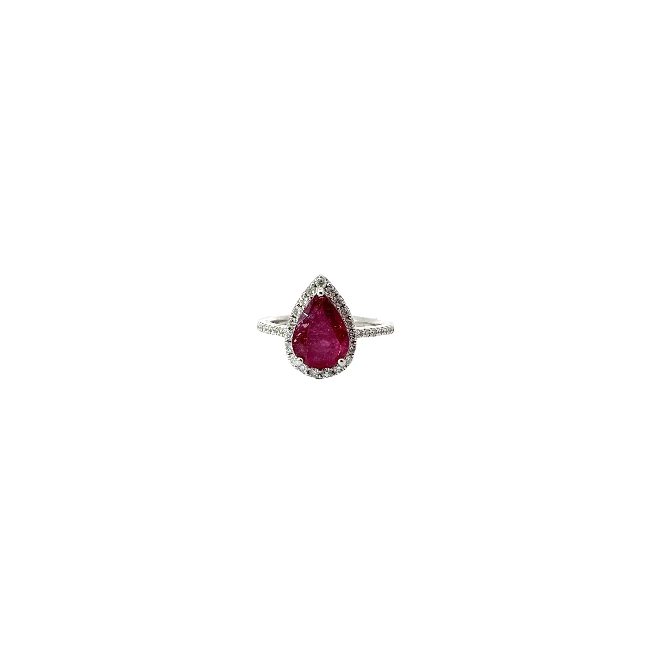 14k White Gold 3.43ct Pear Shape Ruby and surround by .50ct VS2 Round Diamond Ring