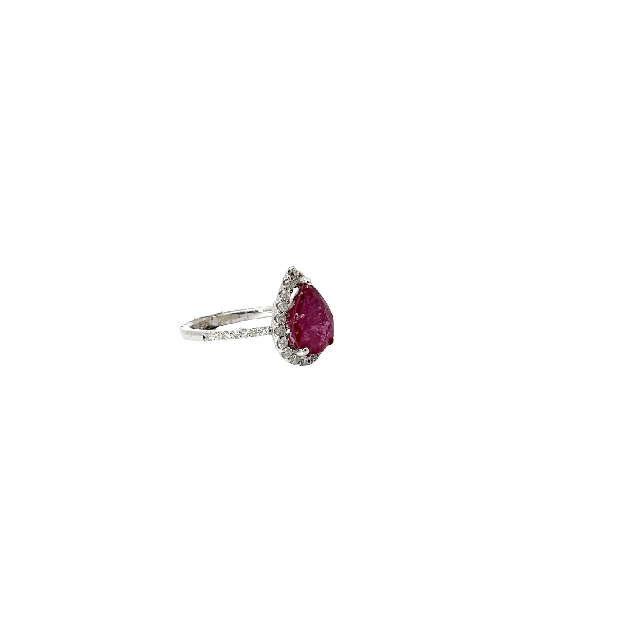 14k White Gold 3.43ct Pear Shape Ruby and surround by .50ct VS2 Round Diamond Ring