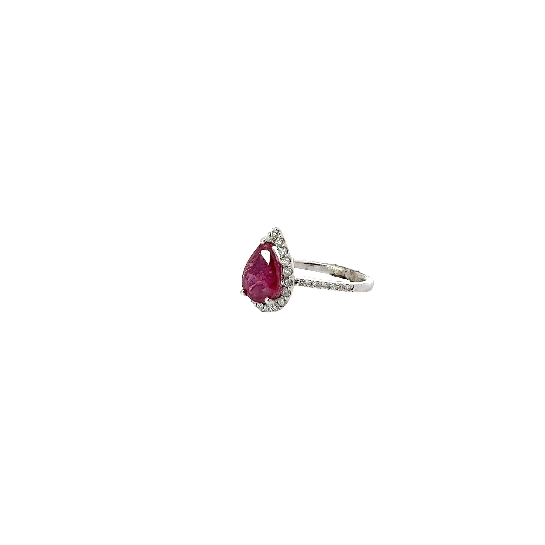 14k White Gold 3.43ct Pear Shape Ruby and surround by .50ct VS2 Round Diamond Ring