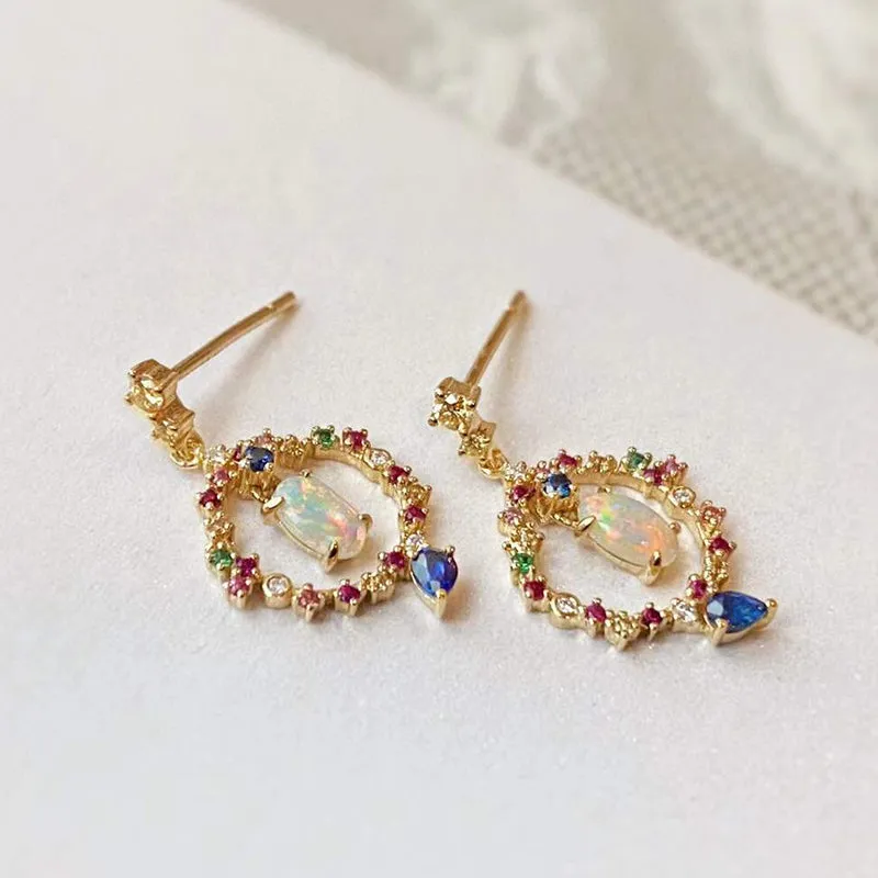 18K Gold Oval Cut 0.40ct Natural Opal Garland Gemstone Drop Earrings