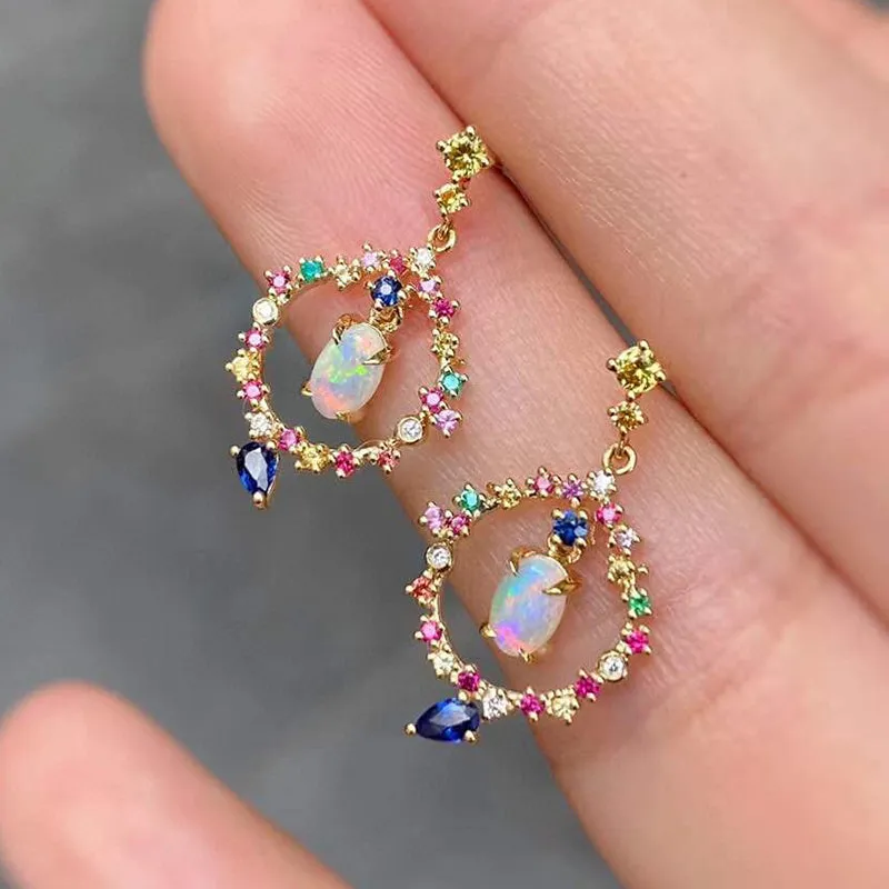 18K Gold Oval Cut 0.40ct Natural Opal Garland Gemstone Drop Earrings