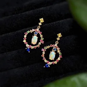 18K Gold Oval Cut 0.40ct Natural Opal Garland Gemstone Drop Earrings