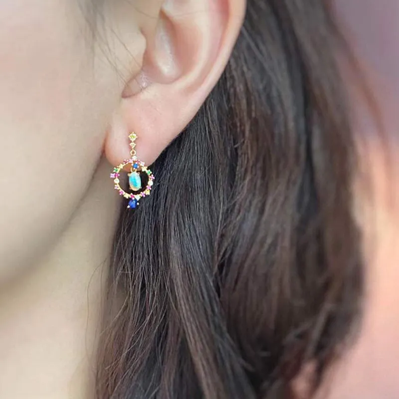 18K Gold Oval Cut 0.40ct Natural Opal Garland Gemstone Drop Earrings