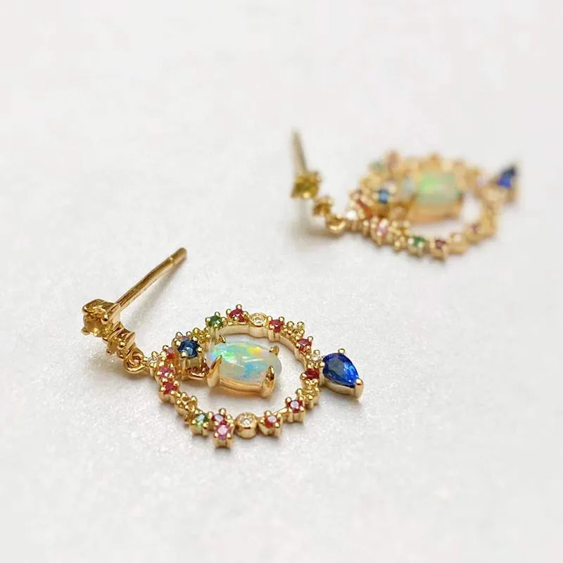 18K Gold Oval Cut 0.40ct Natural Opal Garland Gemstone Drop Earrings