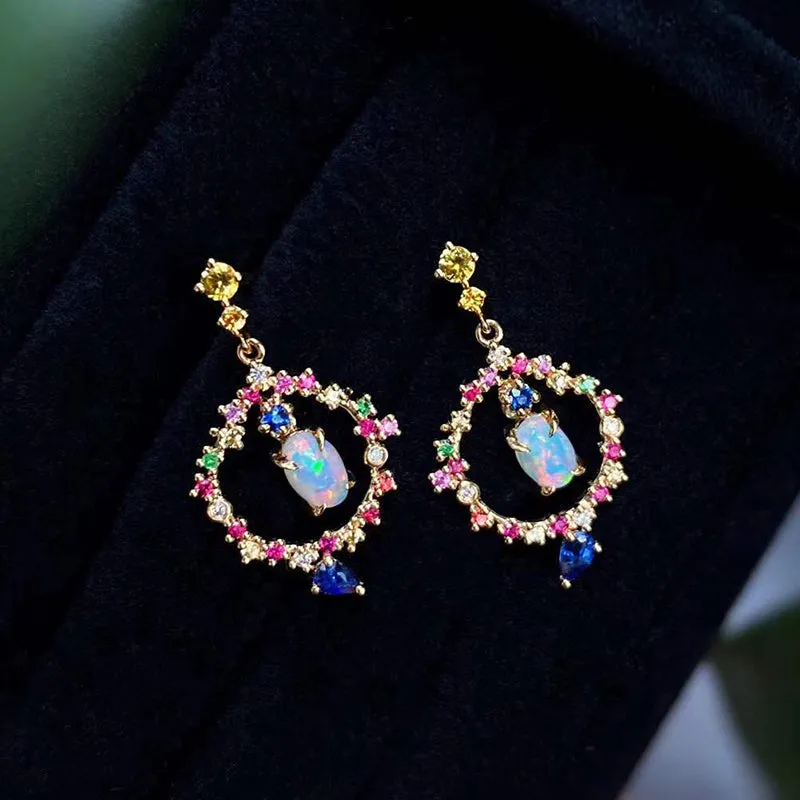 18K Gold Oval Cut 0.40ct Natural Opal Garland Gemstone Drop Earrings