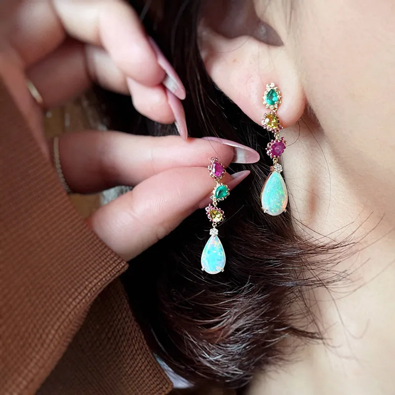 18K Gold Pear Cut 2.5ct Natural Opal Gemstone Drop Earrings