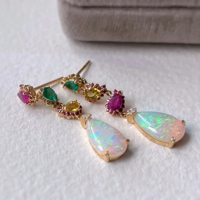18K Gold Pear Cut 2.5ct Natural Opal Gemstone Drop Earrings