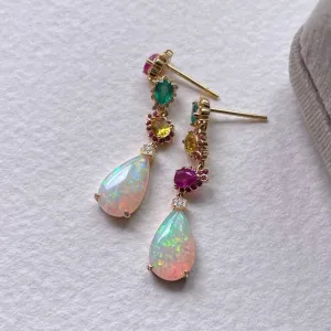 18K Gold Pear Cut 2.5ct Natural Opal Gemstone Drop Earrings