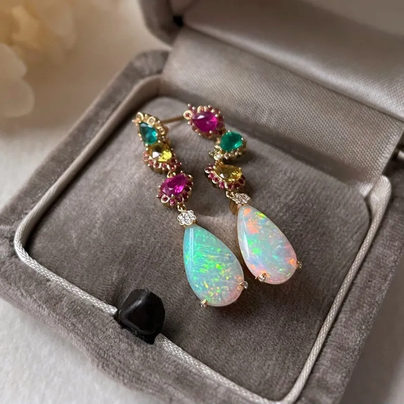 18K Gold Pear Cut 2.5ct Natural Opal Gemstone Drop Earrings