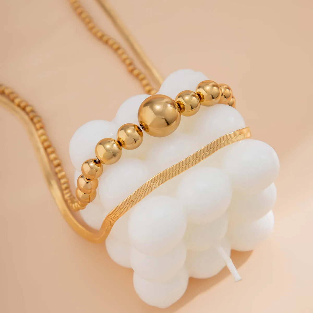 18K Gold-Plated Bead & Herringbone Chain Necklace Set