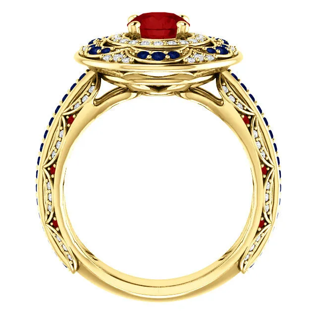 18k Gold Ruby Sapphire and Diamond Ring. Vintage Style. 1.5 ctw, 7.6g