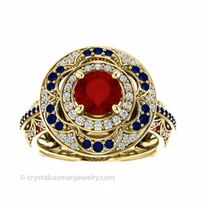 18k Gold Ruby Sapphire and Diamond Ring. Vintage Style. 1.5 ctw, 7.6g