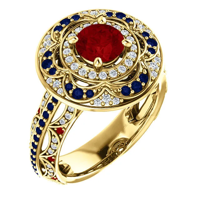 18k Gold Ruby Sapphire and Diamond Ring. Vintage Style. 1.5 ctw, 7.6g