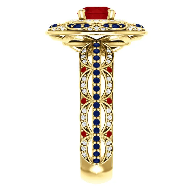18k Gold Ruby Sapphire and Diamond Ring. Vintage Style. 1.5 ctw, 7.6g