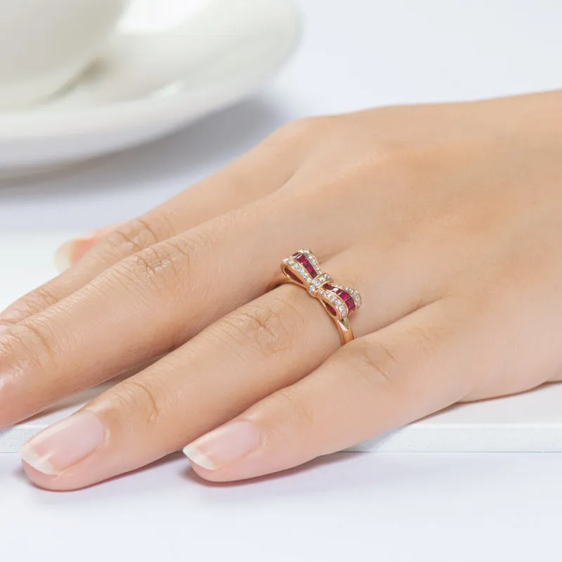 18K Rose Gold 0.35ct Ruby Natural Gemstone Knot Ring Exclusively Handcrafted 0.149ct Natural Diamond (H-F Color, VS1-VS2 Clarity)