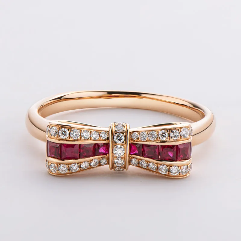 18K Rose Gold 0.35ct Ruby Natural Gemstone Knot Ring Exclusively Handcrafted 0.149ct Natural Diamond (H-F Color, VS1-VS2 Clarity)
