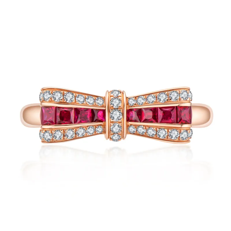 18K Rose Gold 0.35ct Ruby Natural Gemstone Knot Ring Exclusively Handcrafted 0.149ct Natural Diamond (H-F Color, VS1-VS2 Clarity)