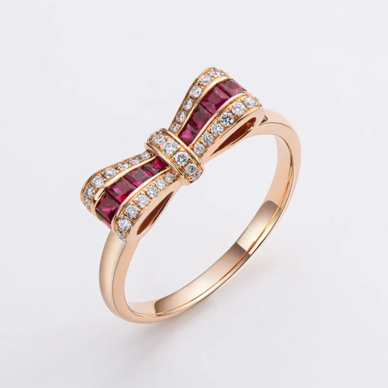 18K Rose Gold 0.35ct Ruby Natural Gemstone Knot Ring Exclusively Handcrafted 0.149ct Natural Diamond (H-F Color, VS1-VS2 Clarity)