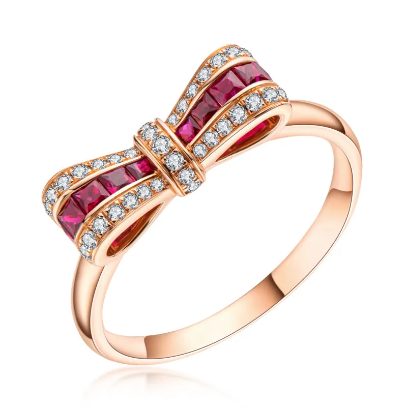 18K Rose Gold 0.35ct Ruby Natural Gemstone Knot Ring Exclusively Handcrafted 0.149ct Natural Diamond (H-F Color, VS1-VS2 Clarity)