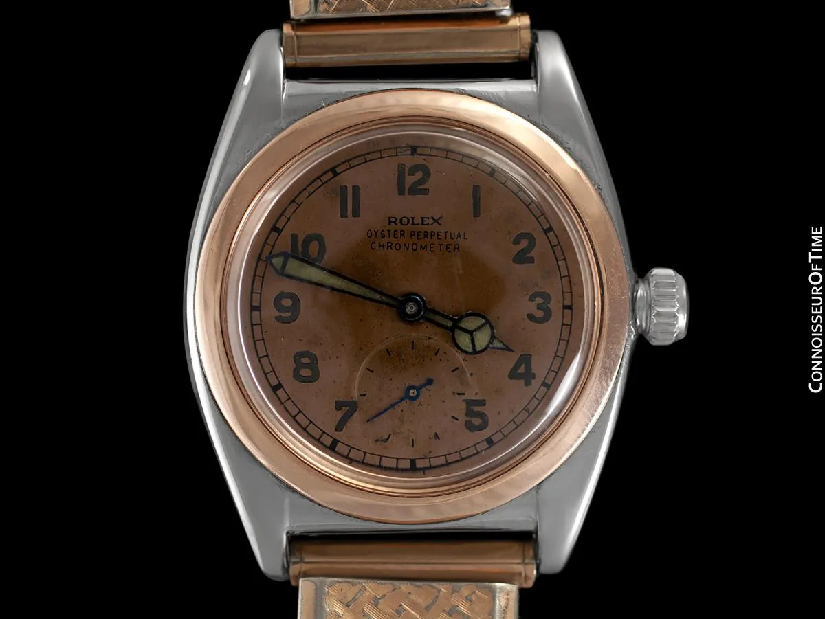 1938 Rolex Vintage Mens Oyster Perpetual Bubbleback Watch, Ref. 3132 - Stainless Steel & 18K Rose Gold