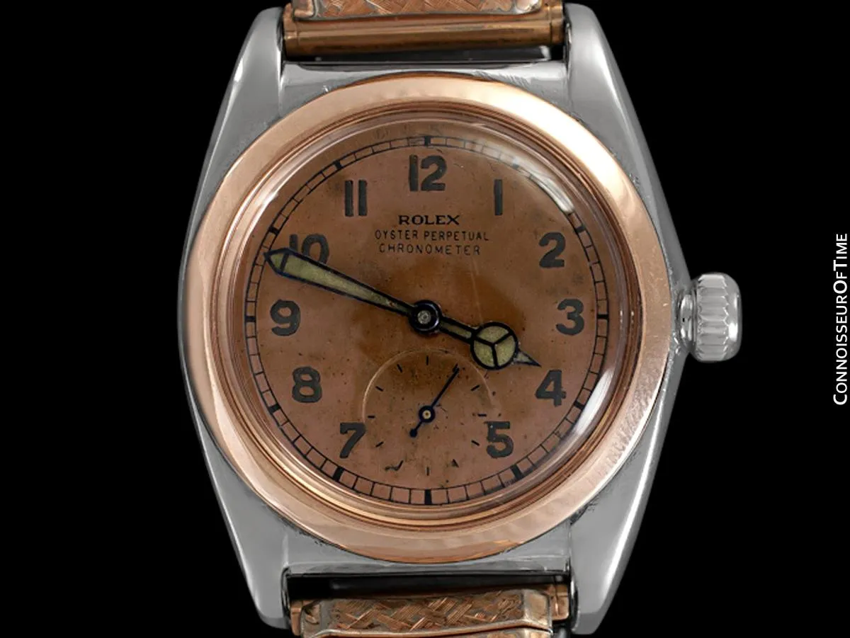 1938 Rolex Vintage Mens Oyster Perpetual Bubbleback Watch, Ref. 3132 - Stainless Steel & 18K Rose Gold