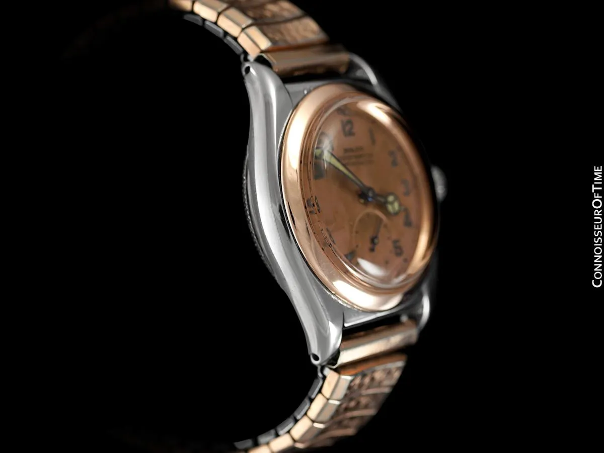 1938 Rolex Vintage Mens Oyster Perpetual Bubbleback Watch, Ref. 3132 - Stainless Steel & 18K Rose Gold