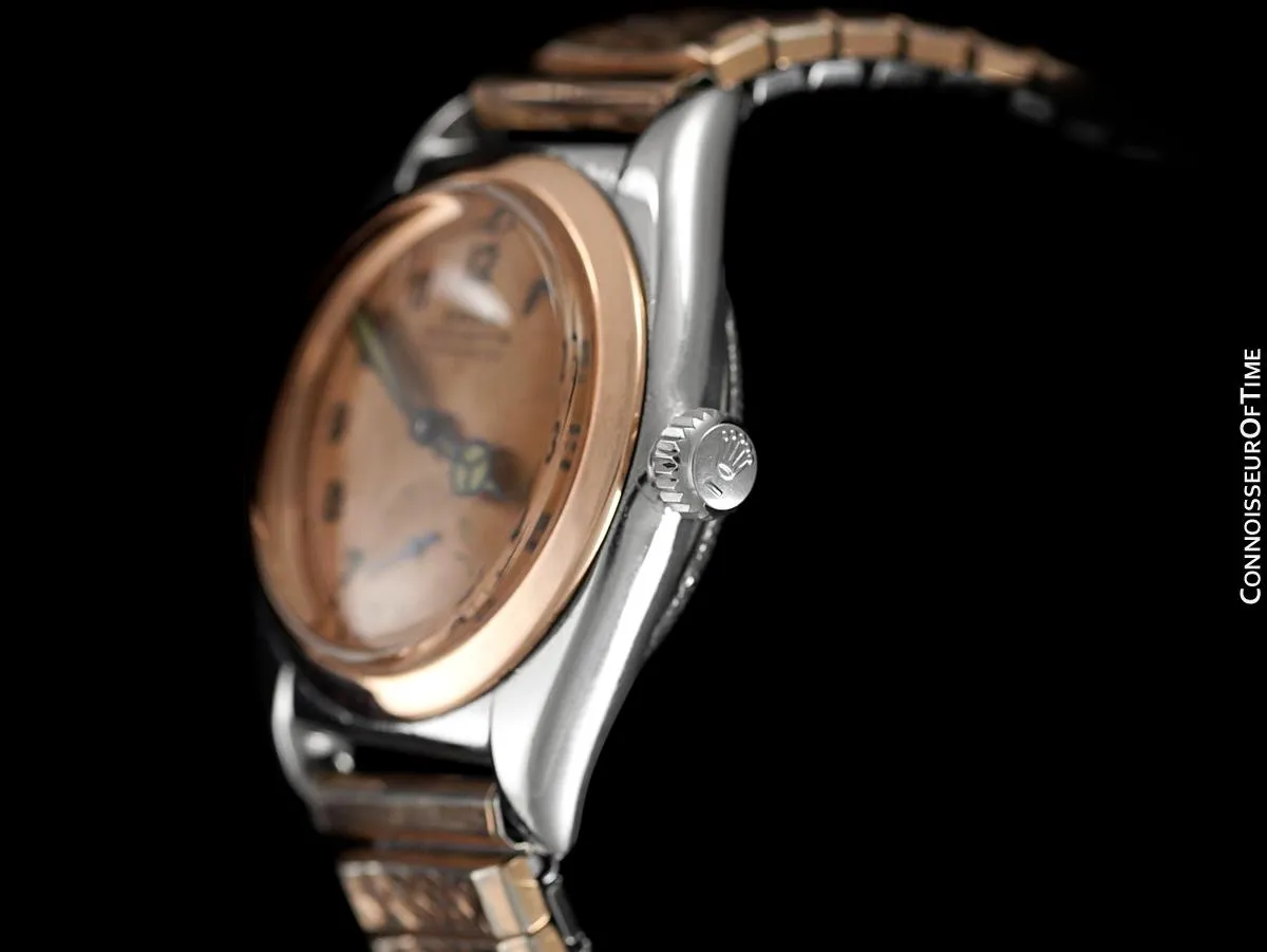 1938 Rolex Vintage Mens Oyster Perpetual Bubbleback Watch, Ref. 3132 - Stainless Steel & 18K Rose Gold