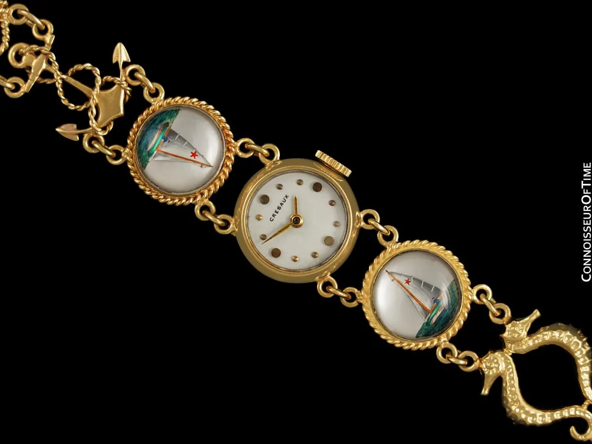 1950's Cresarrow like Tiffany / Girard Perregaux Vintage Ladies Nautical Bracelet Watch - 14K Gold & Essex Crystal