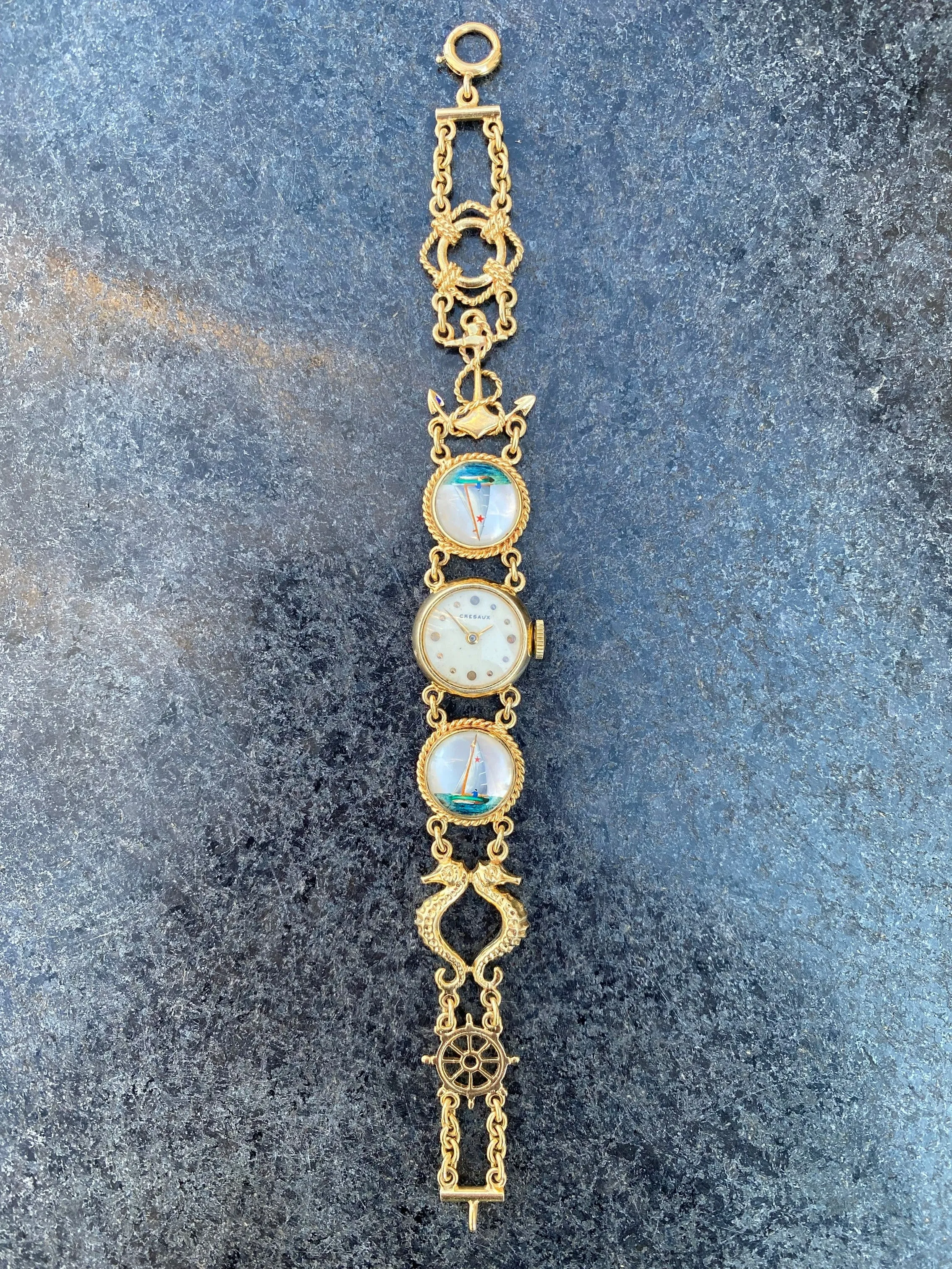 1950's Cresarrow like Tiffany / Girard Perregaux Vintage Ladies Nautical Bracelet Watch - 14K Gold & Essex Crystal