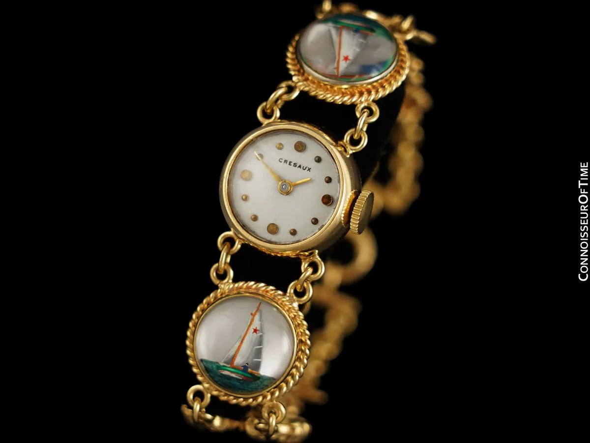 1950's Cresarrow like Tiffany / Girard Perregaux Vintage Ladies Nautical Bracelet Watch - 14K Gold & Essex Crystal