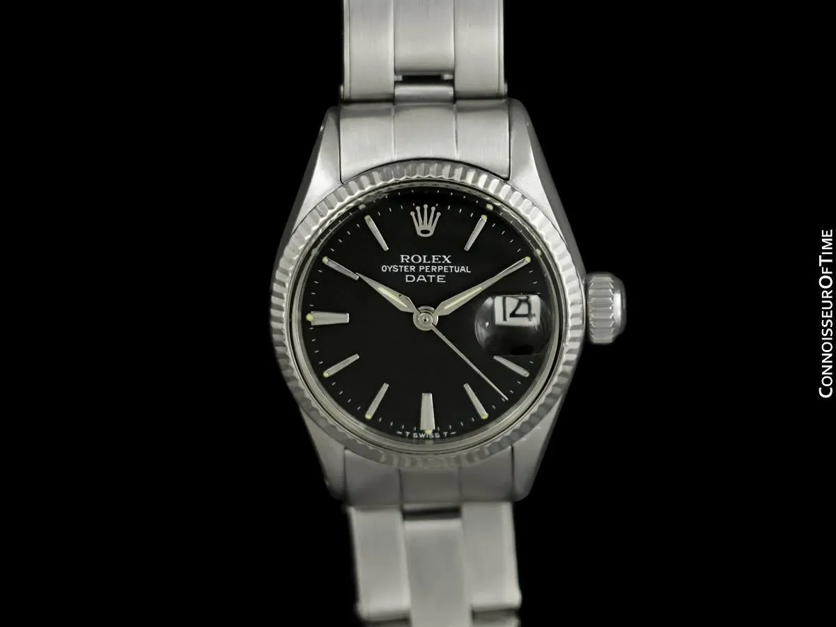 1962 Rolex Classic Vintage Ladies Date Datejust Watch, Black Dial - Stainless Steel & 18K White Gold