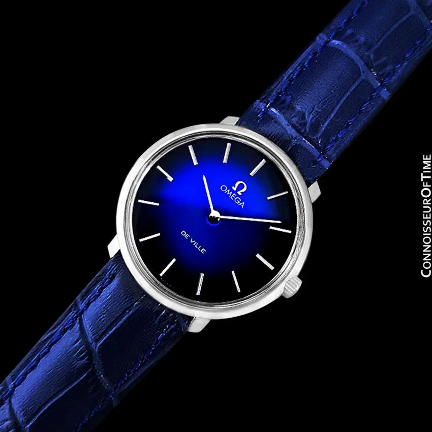 1974 Omega De Ville Vintage Mens Handwound Blue Vignette Dial Watch - Stainless Steel