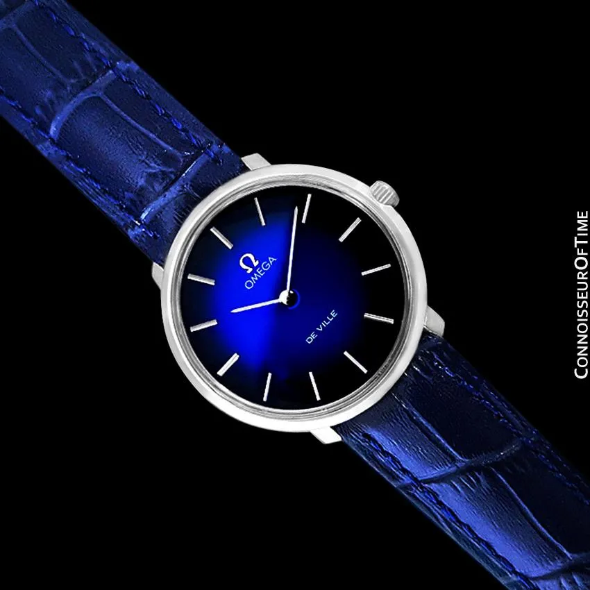 1974 Omega De Ville Vintage Mens Handwound Blue Vignette Dial Watch - Stainless Steel