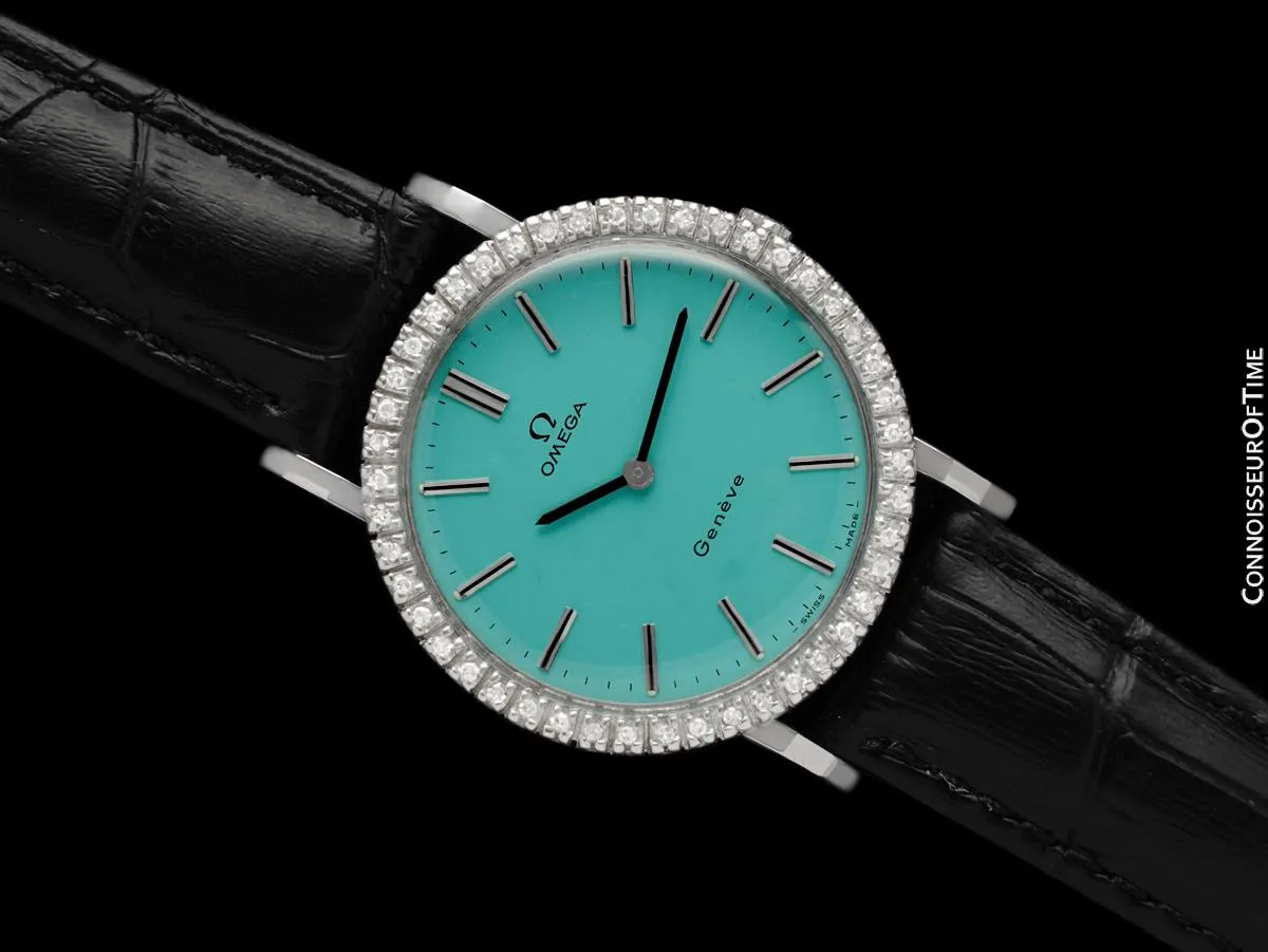 1974 Omega Geneve Vintage Mens Handwound Tiffany Blue Dress Watch - Stainless Steel & Diamonds