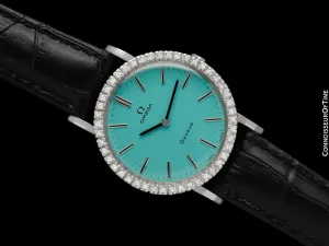 1974 Omega Geneve Vintage Mens Handwound Tiffany Blue Dress Watch - Stainless Steel & Diamonds