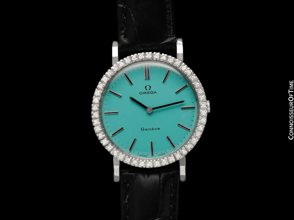 1974 Omega Geneve Vintage Mens Handwound Tiffany Blue Dress Watch - Stainless Steel & Diamonds