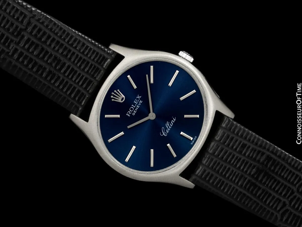 1975 Rolex Cellini Vintage Mens Handwound TV Watch with Royal Blue Dial, Ref. 3806 - 18K White Gold