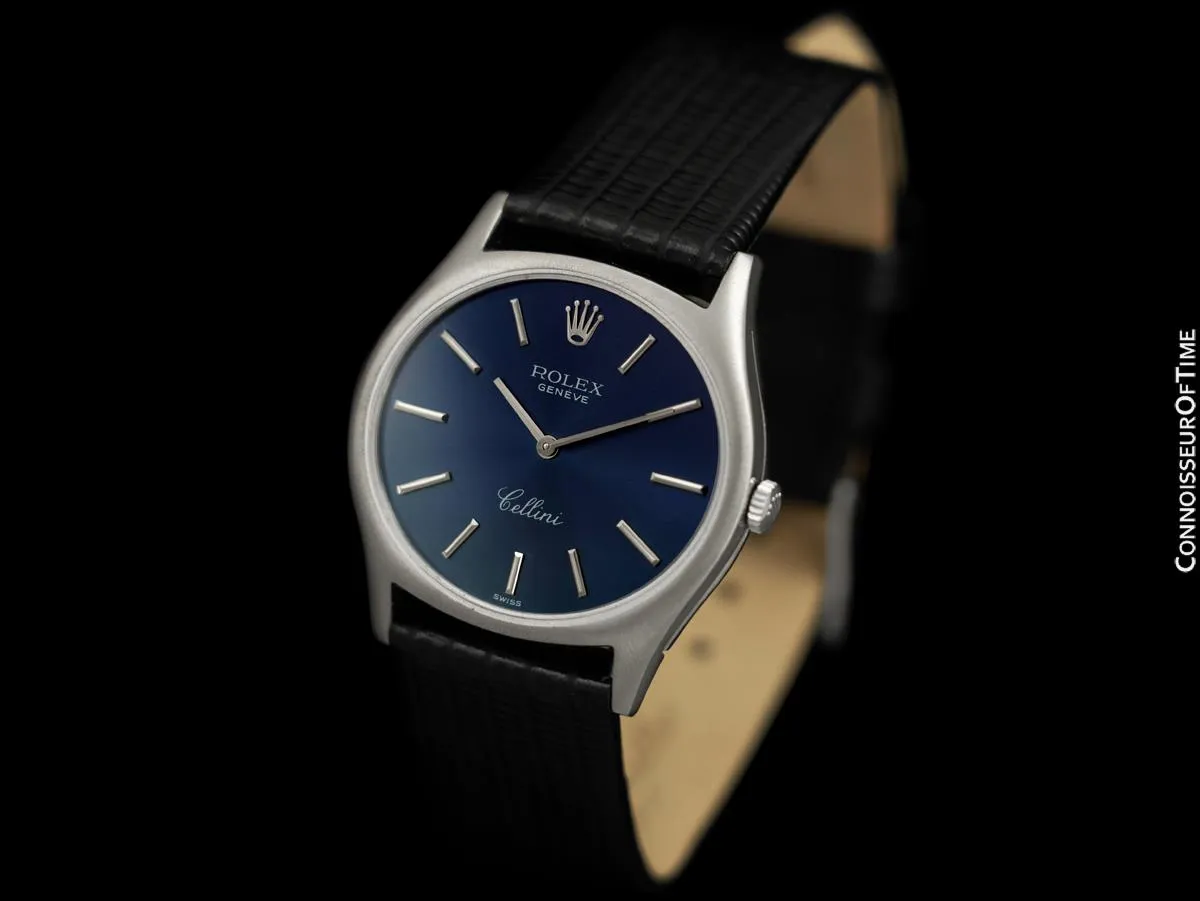 1975 Rolex Cellini Vintage Mens Handwound TV Watch with Royal Blue Dial, Ref. 3806 - 18K White Gold