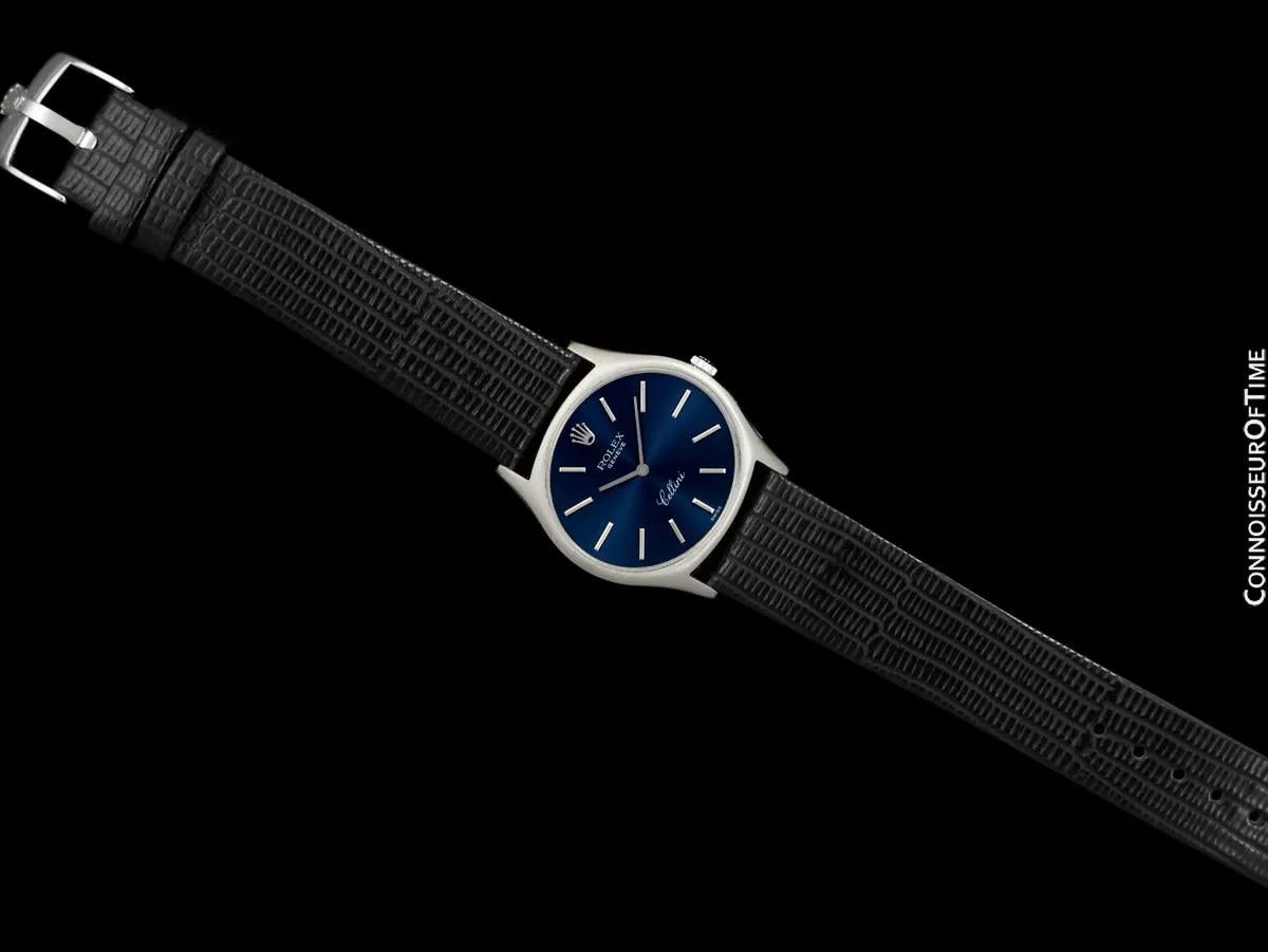 1975 Rolex Cellini Vintage Mens Handwound TV Watch with Royal Blue Dial, Ref. 3806 - 18K White Gold