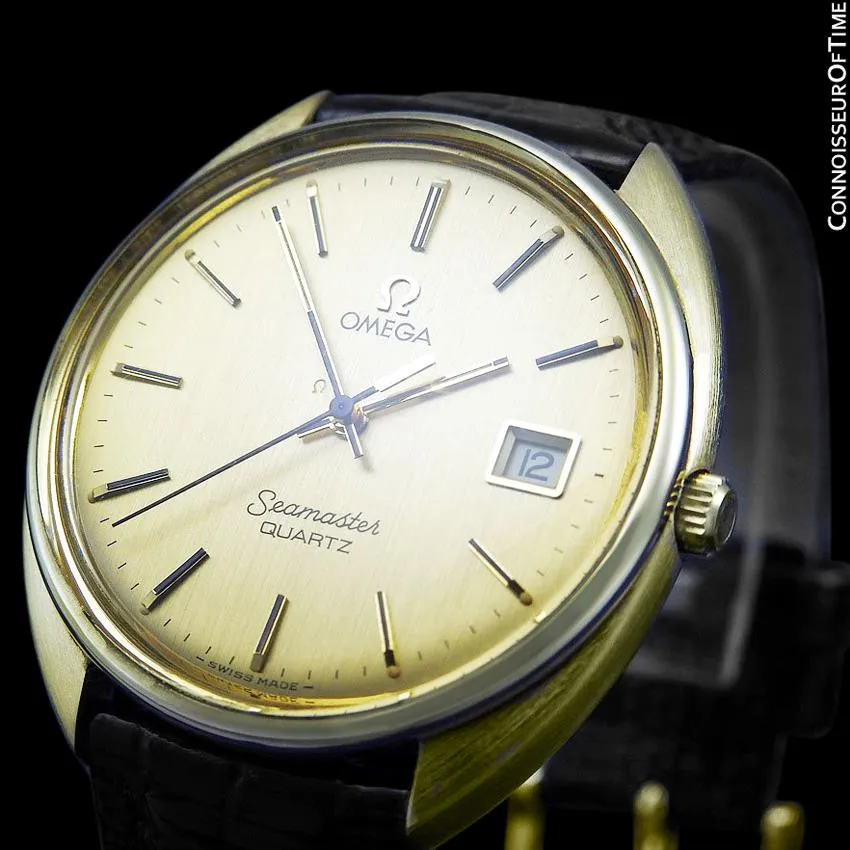 1980 Omega Seamaster Classic Vintage Mens Full Size Accuset Watch, Date - 18K Gold Plated & Stainless Steel