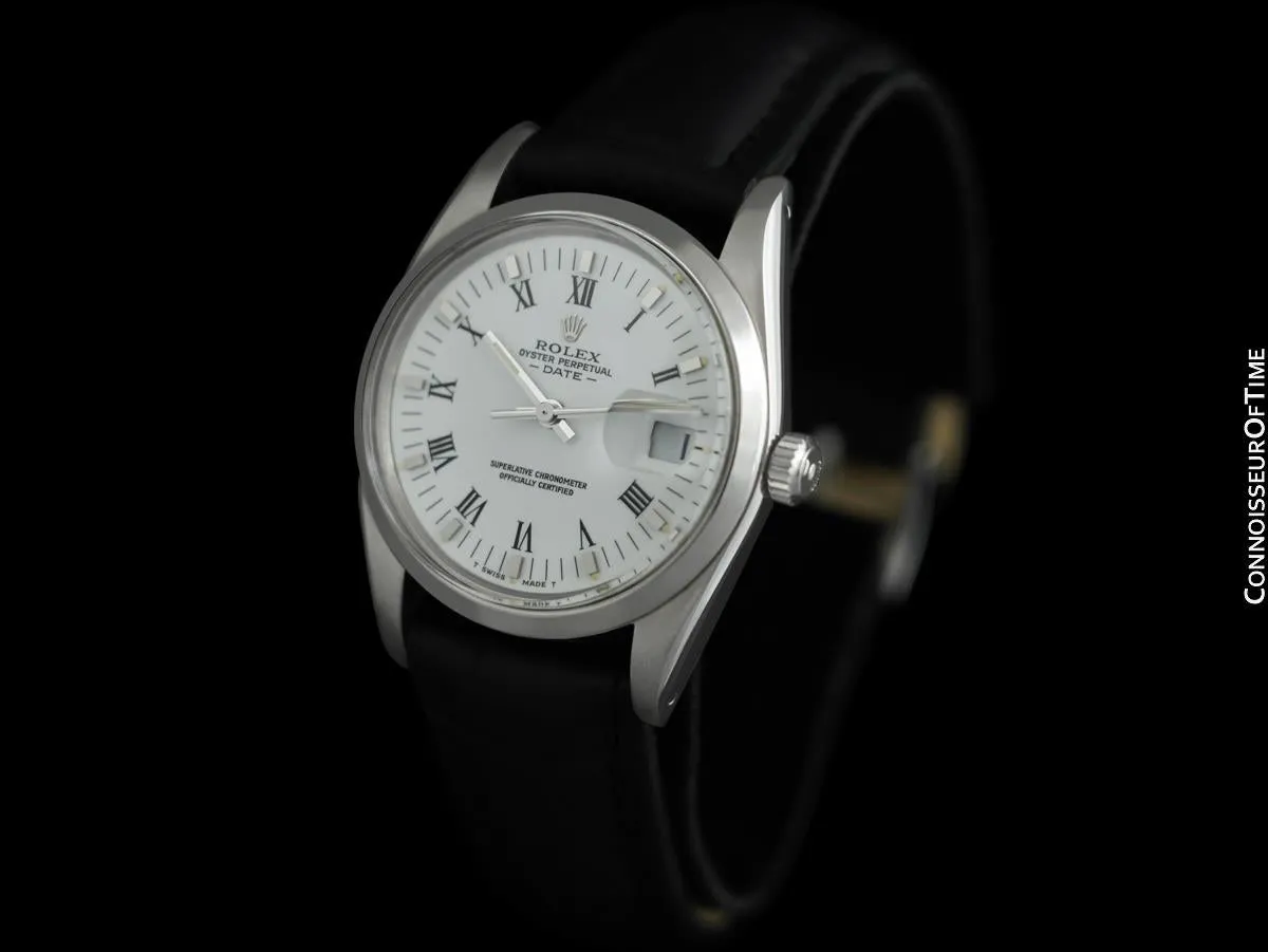 1985 Rolex Oyster Perpetual Date Ref. 15000 Vintage Mens Quick-Set Buckley Dial Watch - Stainless Steel