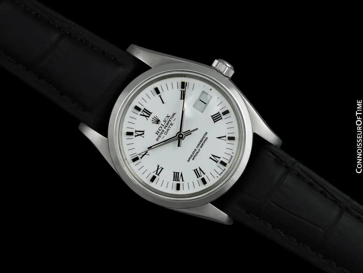 1985 Rolex Oyster Perpetual Date Ref. 15000 Vintage Mens Quick-Set Buckley Dial Watch - Stainless Steel