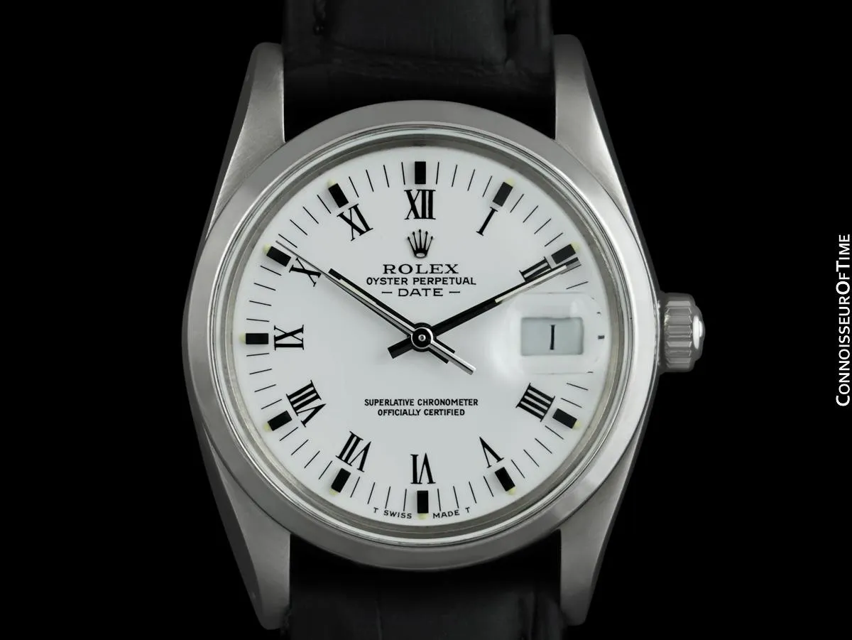 1985 Rolex Oyster Perpetual Date Ref. 15000 Vintage Mens Quick-Set Buckley Dial Watch - Stainless Steel