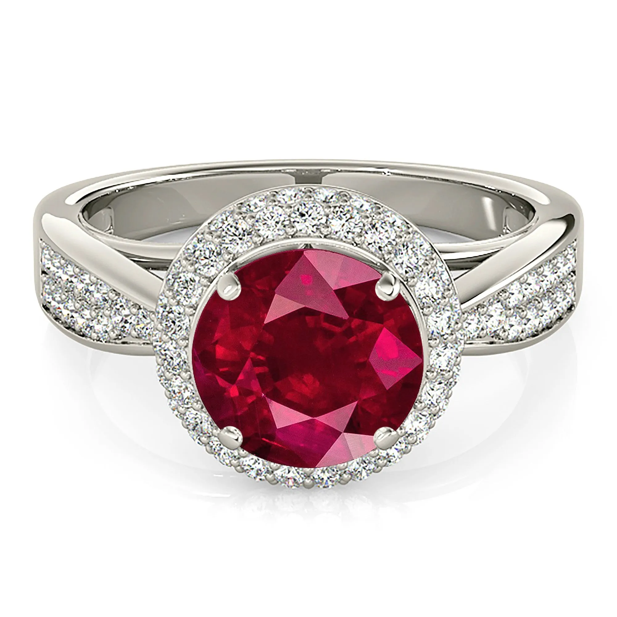 2.35 ct. Genuine Ruby Ring With 3D Halo And Graduating Diamond Band