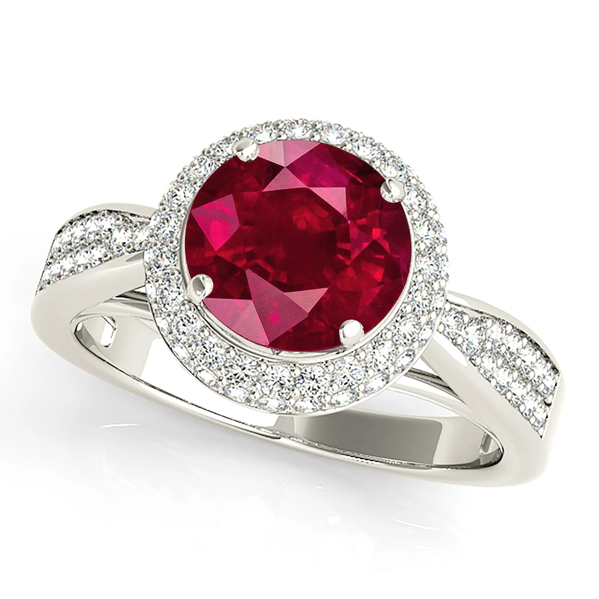 2.35 ct. Genuine Ruby Ring With 3D Halo And Graduating Diamond Band