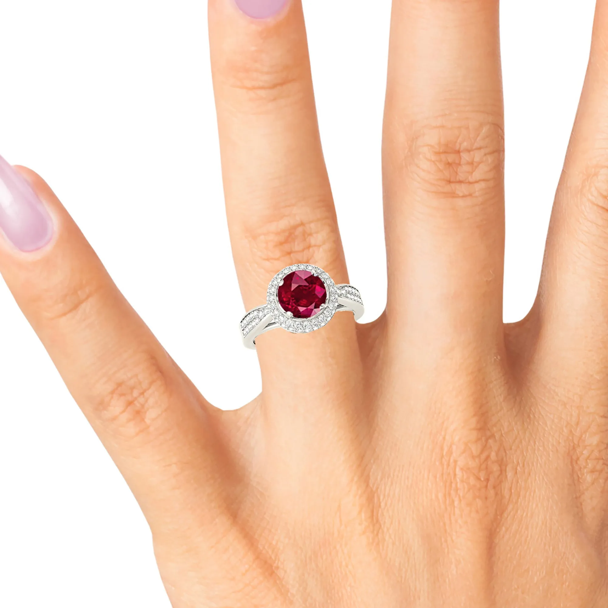 2.35 ct. Genuine Ruby Ring With 3D Halo And Graduating Diamond Band