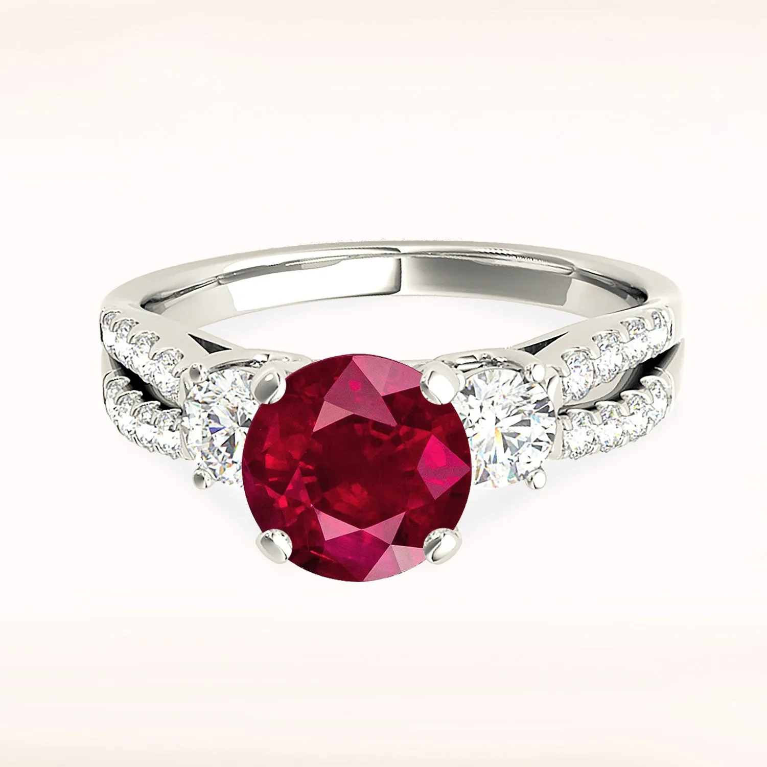 2.35 ct. Genuine Ruby Ring With Side Diamonds And Split Diamond Band