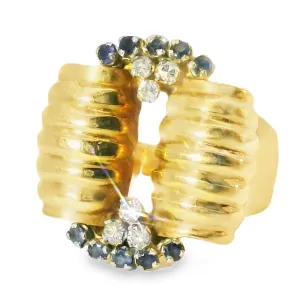 Antique Estate 18K Yellow Gold Diamond Sapphire Designer Handmade Ring