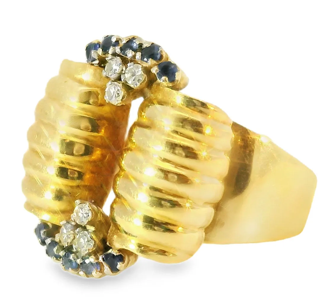 Antique Estate 18K Yellow Gold Diamond Sapphire Designer Handmade Ring