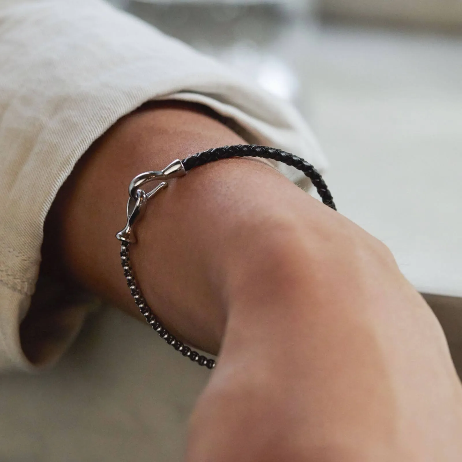 Bartlett Gents Black Leather & Silver Chain Hook Bracelet